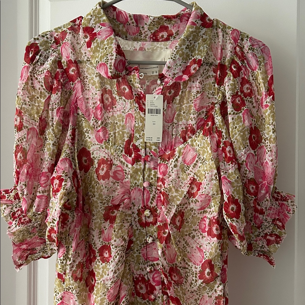 ANTHROPOLOGIE Pink Floral PUFF-SLEEVE RUCHED MESH MIDI SHIRT DRESS - Picture 8 of 11